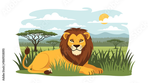 Flat vector illustration of a lion resting in savanna grass, wildlife dominance and natural behavior in African habitat, educational animal scene for conservation and stock illustration