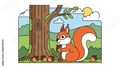 Flat vector illustration of a squirrel collecting acorns near a tree, wildlife foraging behavior in forest habitat, educational animal activity for nature and ecology themes