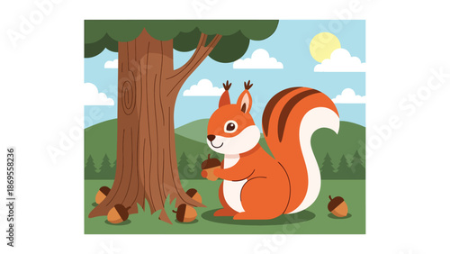 Flat vector illustration of a squirrel collecting acorns near a tree, wildlife foraging behavior in forest habitat, educational animal activity for nature and ecology themes