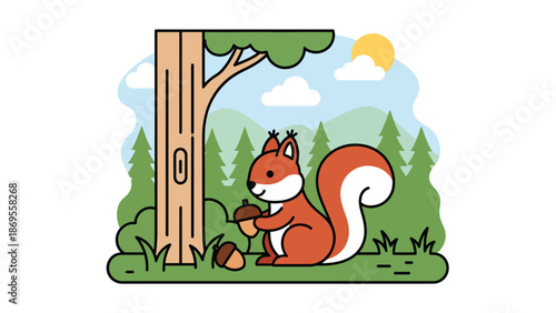 Flat vector illustration of a squirrel collecting acorns near a tree, wildlife foraging behavior in forest habitat, educational animal activity for nature and ecology themes