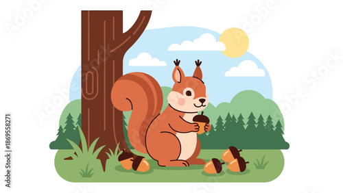Flat vector illustration of a squirrel collecting acorns near a tree, wildlife foraging behavior in forest habitat, educational animal activity for nature and ecology themes