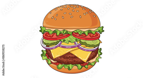 Delicious Cheeseburger, Fast Food, Kitchen, Illustration, Bright Colors, Close-up, Appetizing Concept