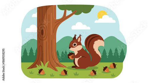 Flat vector illustration of a squirrel collecting acorns near a tree, wildlife foraging behavior in forest habitat, educational animal activity for nature and ecology themes