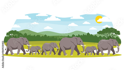 Flat vector illustration of elephants walking together across savanna land, wildlife migration and social behavior showing conservation and environmental education themes