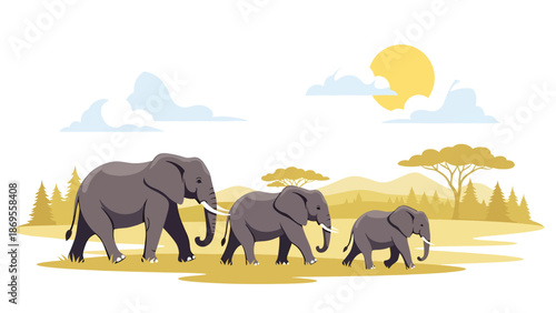 Flat vector illustration of elephants walking together across savanna land, wildlife migration and social behavior showing conservation and environmental education themes
