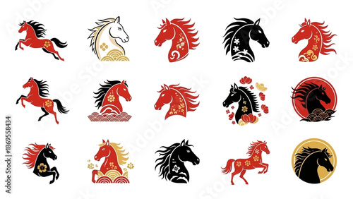 Dynamic collection of stylized horse illustrations, featuring powerful equine symbols with intricate patterns and vibrant colors, ideal for design projects celebrating strength and tradition