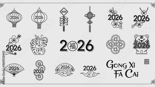 Auspicious Chinese New Year 2026 vector icon set, featuring traditional lanterns, dragons, tigers, and lucky charms for festive celebrations and cultural designs