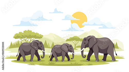Flat vector illustration of elephants walking together across savanna land, wildlife migration and social behavior showing conservation and environmental education themes