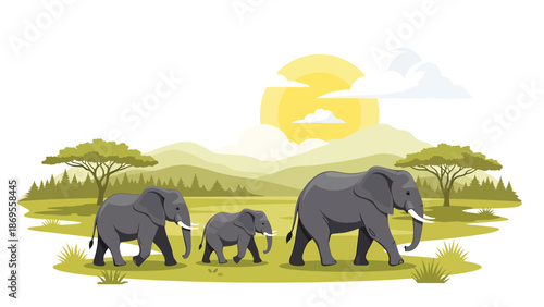 Flat vector illustration of elephants walking together across savanna land, wildlife migration and social behavior showing conservation and environmental education themes