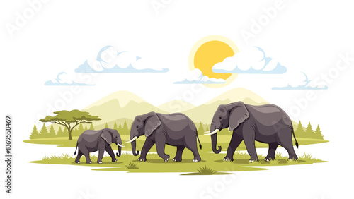 Flat vector illustration of elephants walking together across savanna land, wildlife migration and social behavior showing conservation and environmental education themes