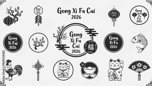Collection of monochrome line art icons for Chinese New Year 2026, featuring traditional auspicious symbols, lanterns, lucky cats, and 'Gong Xi Fa Cai' greetings