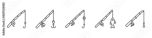 Fishing rod line icon set. Outline fishing rod symbol collection. Angler and angling fisherman equipment.