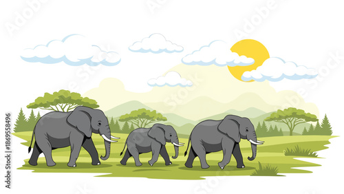 Flat vector illustration of elephants walking together across savanna land, wildlife migration and social behavior showing conservation and environmental education themes
