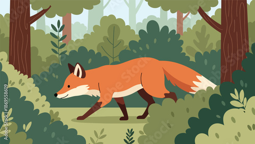Flat vector illustration of a fox moving quietly through a forest, wildlife hunting behavior and natural instinct presented in a clean educational nature illustration