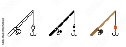 Fishing rod icon. Fishing rod with hook and bait symbol for angling, fishing equipment, and outdoor sport concepts. Fishing tackle illustration used for hobby, angler gear, and nature related projects