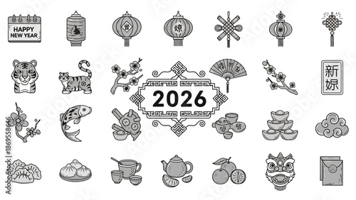 Chinese New Year 2026 Celebration Icons and Symbols Vector Graphics for Festive Designs