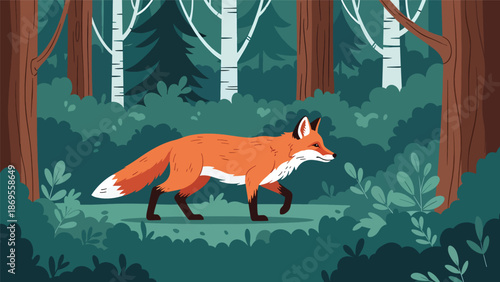 Flat vector illustration of a fox moving quietly through a forest, wildlife hunting behavior and natural instinct presented in a clean educational nature illustration