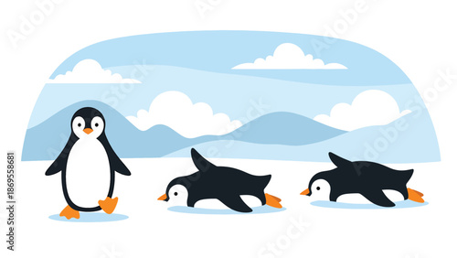 Flat vector illustration of penguins walking and sliding on ice, polar wildlife activity showing adaptation and social behavior for educational and conservation use