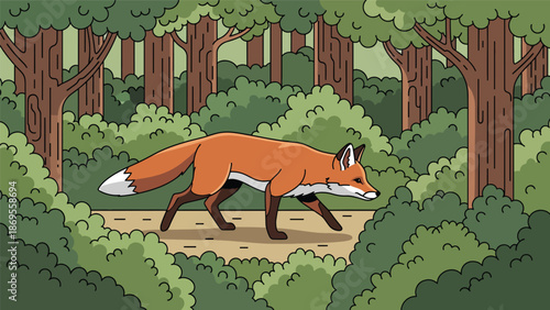 Flat vector illustration of a fox moving quietly through a forest, wildlife hunting behavior and natural instinct presented in a clean educational nature illustration