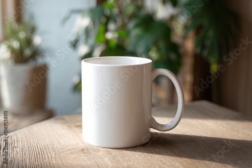 Wallpaper Mural White ceramic coffee mug mockup on a wooden table with green plants in the background Torontodigital.ca
