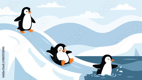 Flat vector illustration of penguins walking and sliding on ice, polar wildlife activity showing adaptation and social behavior for educational and conservation use