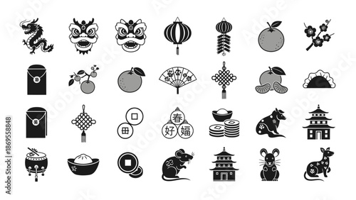 Chinese New Year icons featuring dragons, lanterns, lucky money, and zodiac animals for festive celebrations