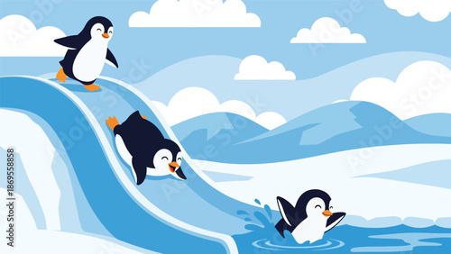 Flat vector illustration of penguins walking and sliding on ice, polar wildlife activity showing adaptation and social behavior for educational and conservation use
