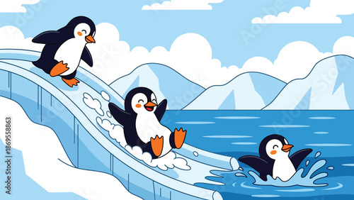 Flat vector illustration of penguins walking and sliding on ice, polar wildlife activity showing adaptation and social behavior for educational and conservation use