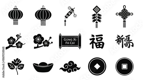 Chinese New Year Icons Featuring Traditional Symbols and Celebrations