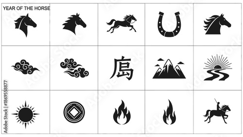 Curated Vector Collection Dynamic Horse Silhouettes and Rich Chinese Zodiac Symbols, Blending Traditional Cultural Elements with Natural Icons for a Stylized Visual Experience