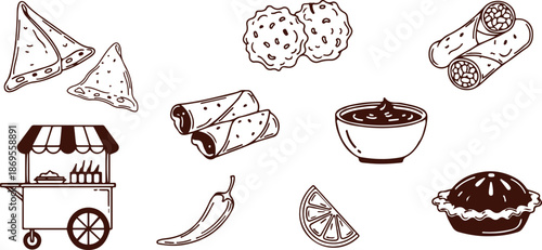 Hand Drawn Street Food Icons Set with Samosa, Falafel, Wraps and Cart | Doodle Snack Vector Collection – Spring Rolls, Sauce Bowl, Chili and Pie