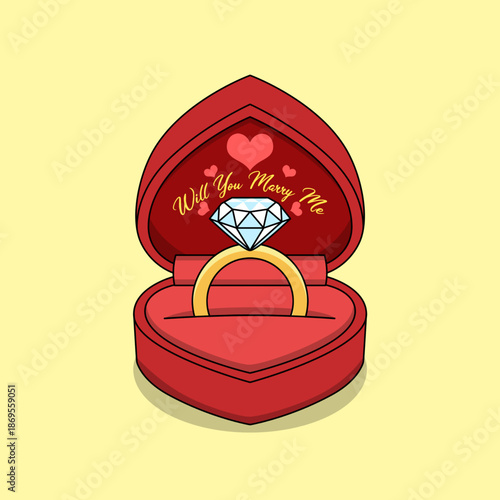 A gold engagement ring with a large, sparkling diamond nestled inside a heart-shaped red velvet jewelry box. Perfect for National Wedding Ring Day, February 3rd, and Valentine's Day.