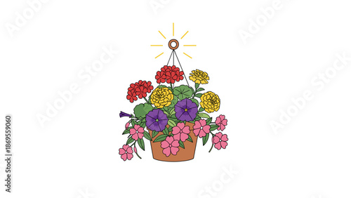 A colorful hanging basket filled with blooming flowers and green foliage, suspended under a stylized sun, suggesting a vibrant garden.