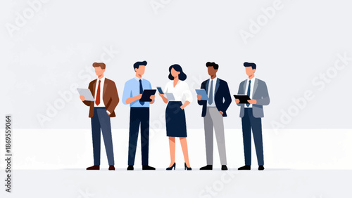 Five business professionals with documents