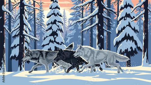 Flat vector illustration of wolves running together in a snowy forest, wildlife teamwork and pack behavior shown in a natural winter habitat for education themes