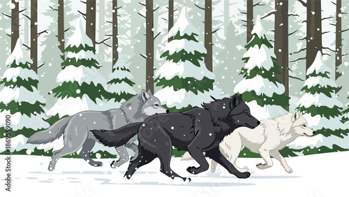 Flat vector illustration of wolves running together in a snowy forest, wildlife teamwork and pack behavior shown in a natural winter habitat for education themes