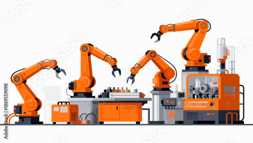 Orange robotic arms in industrial setting