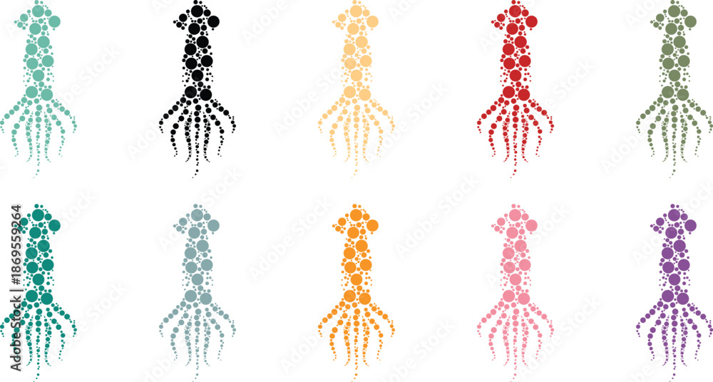Fototapeta premium Colorful squid silhouettes made of circles, Abstract squid dot art animal collection