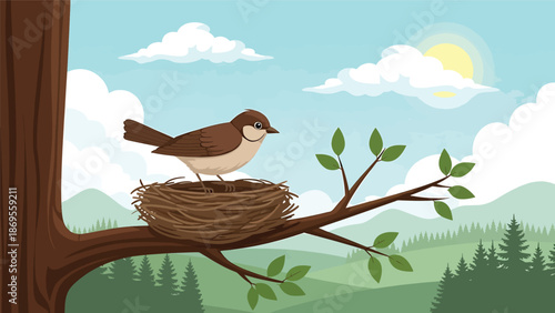 Flat vector illustration of birds building a nest on a tree branch, wildlife family behavior and reproduction concept designed for education and environmental awareness