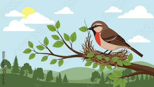 Flat vector illustration of birds building a nest on a tree branch, wildlife family behavior and reproduction concept designed for education and environmental awareness