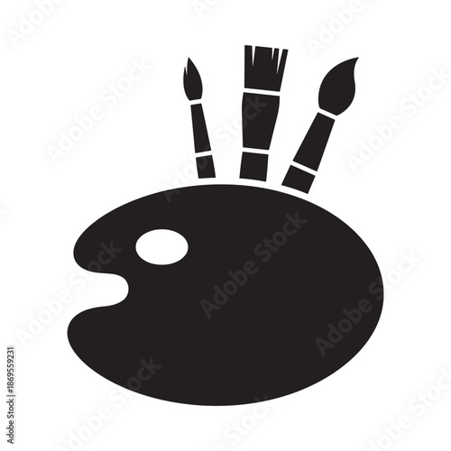 An artistic palette with various paintbrushes a black and white illustration