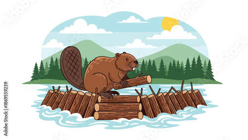 Flat vector illustration of a beaver building a dam in a river, wildlife construction behavior and ecosystem impact shown for educational nature concepts