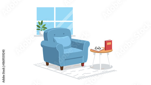 A cozy living room corner features a comfortable blue armchair, a small side table with a book and glasses, and a window with a plant.