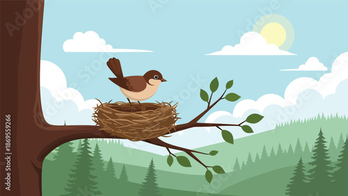 Flat vector illustration of birds building a nest on a tree branch, wildlife family behavior and reproduction concept designed for education and environmental awareness