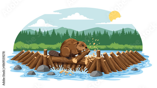 Flat vector illustration of a beaver building a dam in a river, wildlife construction behavior and ecosystem impact shown for educational nature concepts