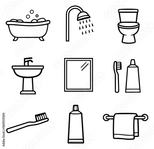 Hand drawn line art bathroom icons set featuring plumbing fixtures and personal care items for daily hygiene concepts