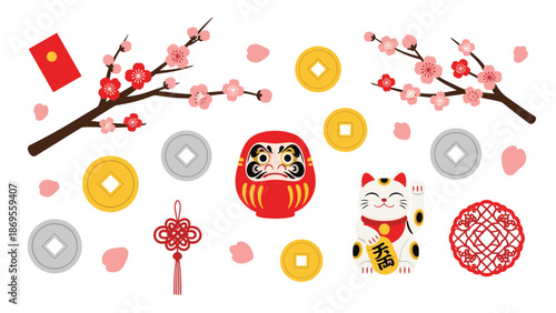 A collection of Japanese cultural icons including cherry blossoms, Daruma doll, Maneki-neko cat, coins, and a red envelope, symbolizing luck and prosperity.