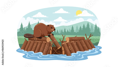 Flat vector illustration of a beaver building a dam in a river, wildlife construction behavior and ecosystem impact shown for educational nature concepts