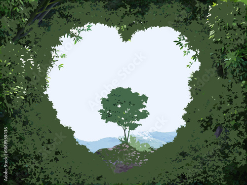 A heart shaped opening in lush greenery frames a distant tree and mountains