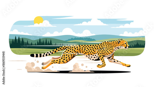 Flat vector illustration of a cheetah running across open land, wildlife speed and hunting behavior shown in a clean educational nature illustration